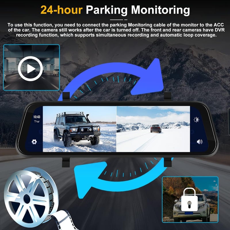 SIXTOP Mirror Dash Cam Front and Rear Camera with Apple Carplay/Android Auto 9.66 inch Mirror Backup Camera for Cars&Trucks Driving Recorder Voice Control 24-Hour Parking Monitoring Waterproof Night Vision - Image 5